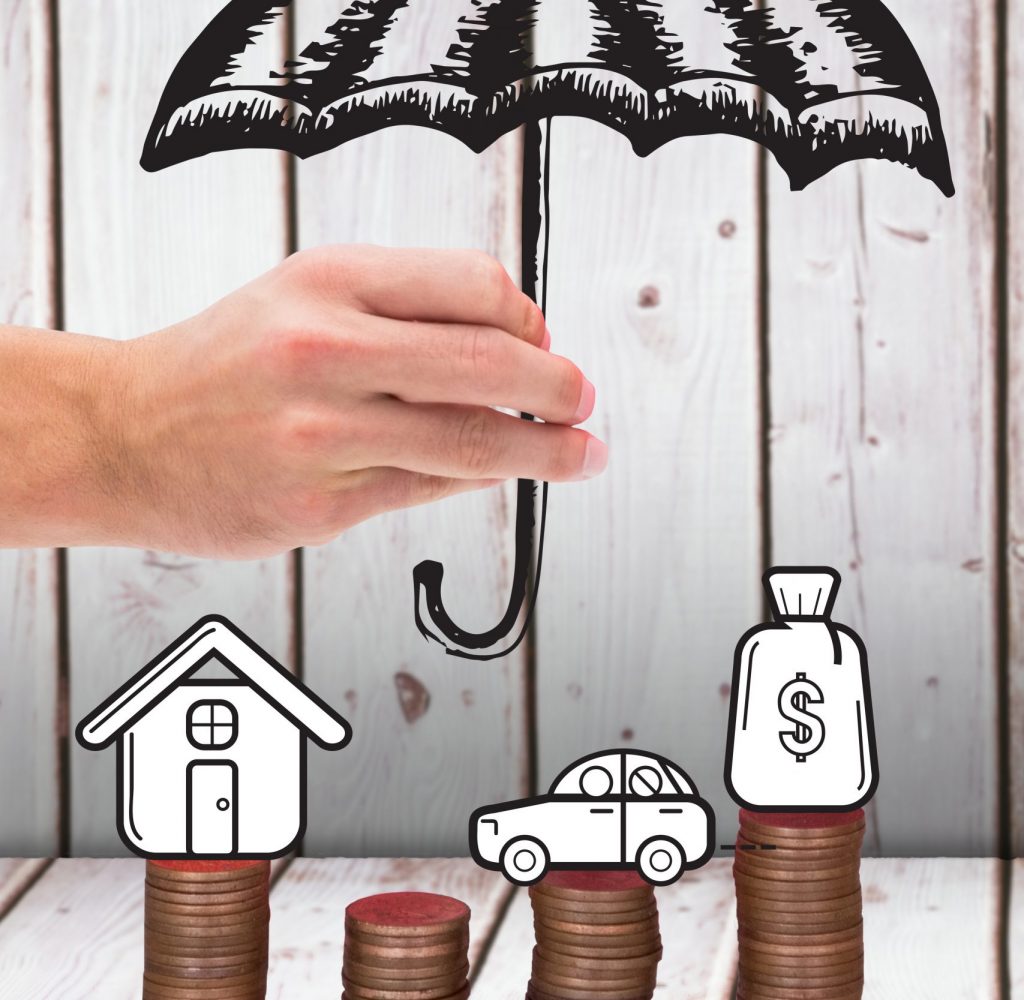 composite of umbrella graphic over cash graphics with wood background